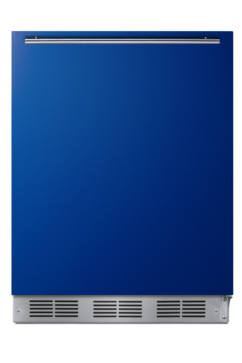 24 in. wide ADA height all-refrigerator for residential use, auto defrost with an cobalt blue door, stainless steel handle, and white cabinet